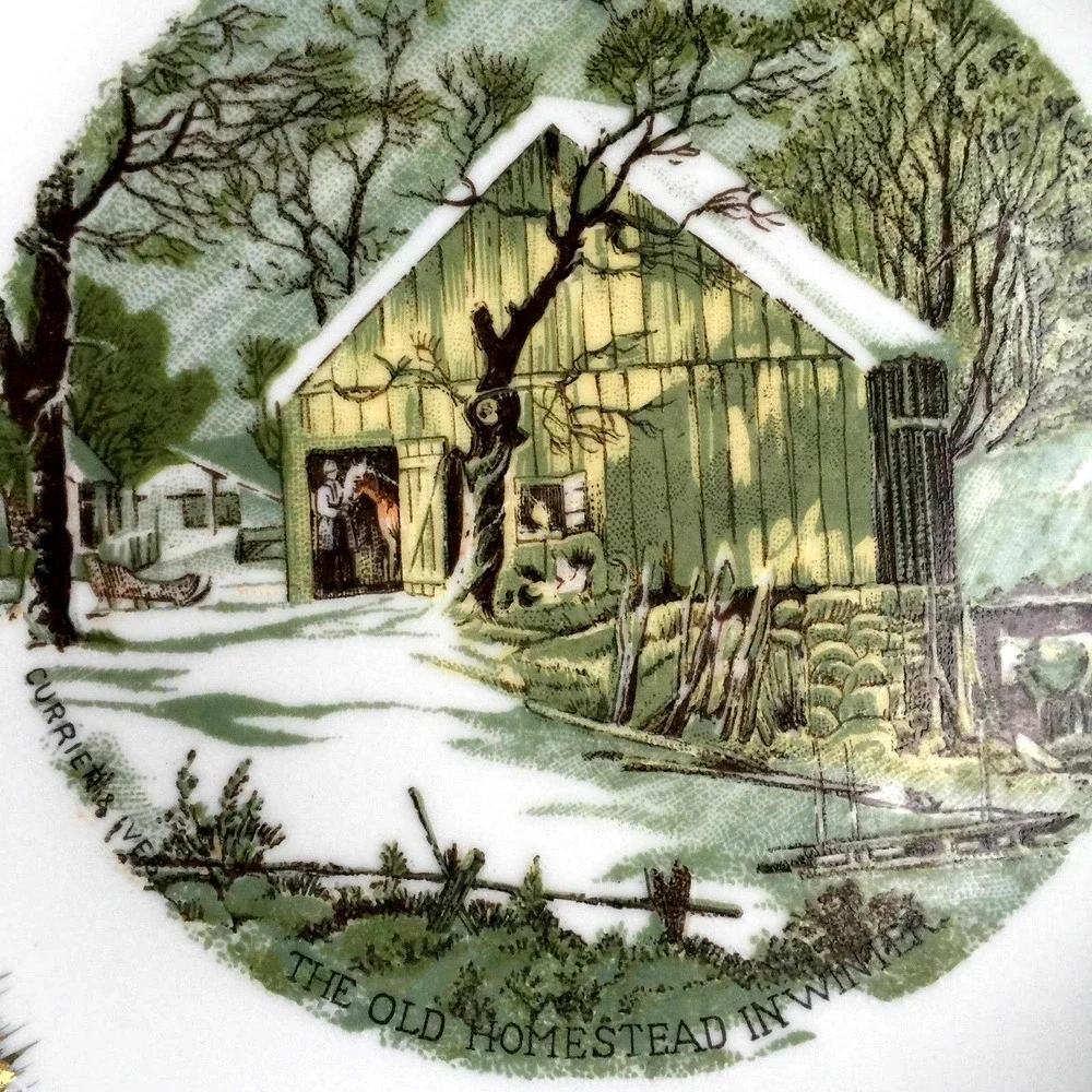 Currier & Ives Old Homestead in Winter Decorative Collector Plate Gold Trim